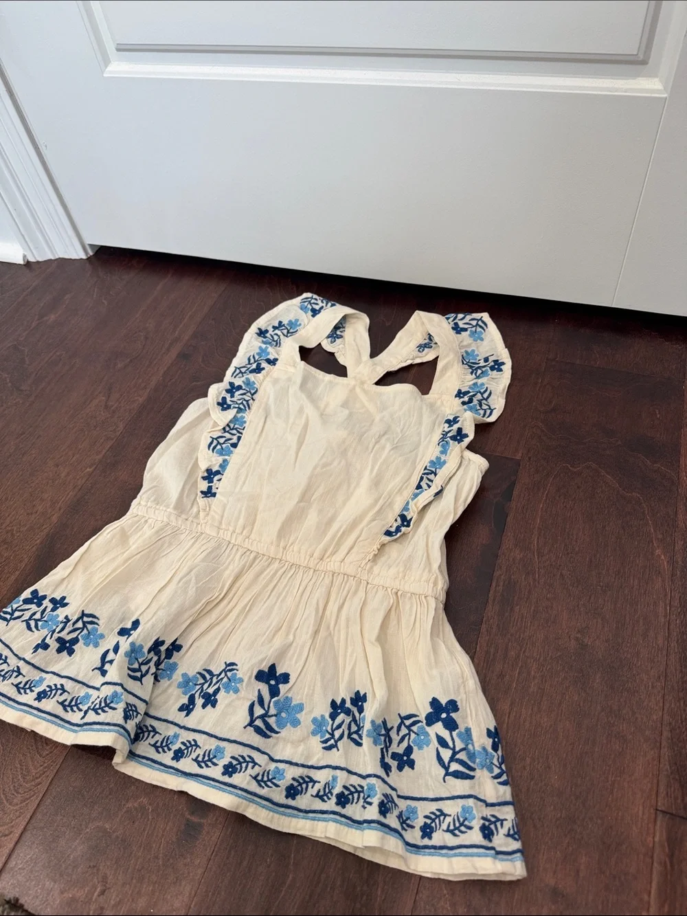 NEW Old Navy Girls Summer Top Blouse Cross-Back Ivory w/Blue Embroidery, L 10/12